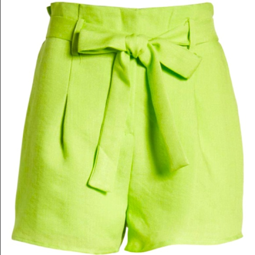 J.O.A Paperbag Tie Waist Cotton & Linen Shorts In Lime Green